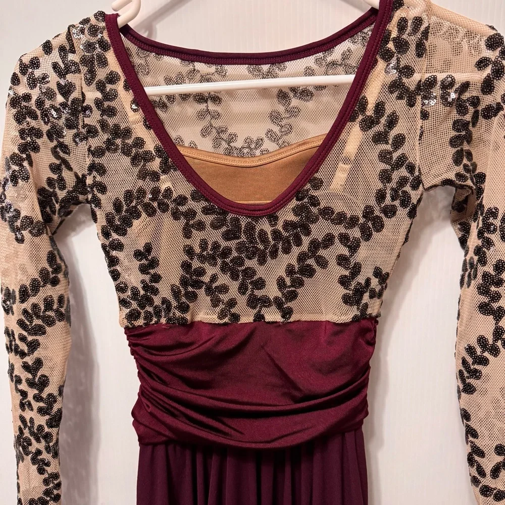 Curtain Call Dance Costume Burgundy and Black Sequin Mesh Top Child’s Large